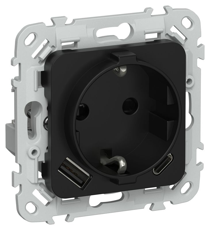 Розетка 1-м СП FLITE РСЮшс11-0-ФлЧ 16А с USB A+C 20Вт с заземл. с защ. шторками механизм черн. IEK FI-R14-16-U22-020-K02