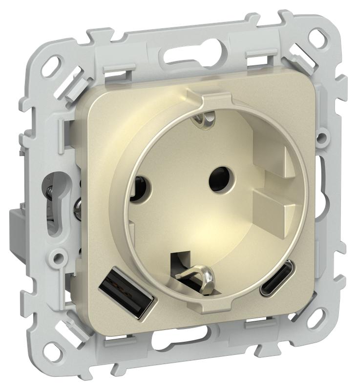 Розетка 1-м СП FLITE РСЮшс11-0-ФлШ 16А с USB A+C 20Вт с заземл. с защ. шторками механизм шампань IEK FI-R14-16-U22-020-K37