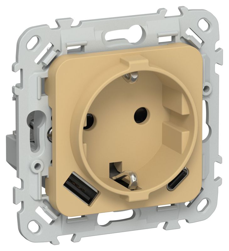 Розетка 1-м СП FLITE РСЮшс11-0-ФлШм 16А с USB A+C 20Вт с заземл. с защ. шторками механизм шамуа IEK FI-R14-16-U22-020-K89