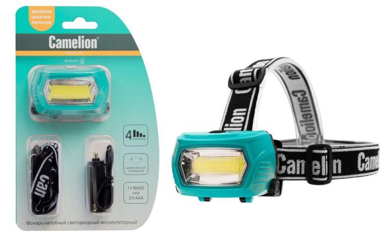 Фонарь налобный LED53411 аккум. 3.7В COB 3Вт 3 реж. 3 x AAA Type-C блист зел. Camelion 15763