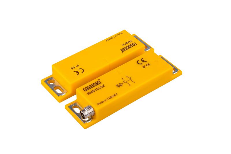 Датчик магнитный (1НЗ+1НО) разъем M8х4 (расст. сраб. 8мм) левый выход IP68 EMAS SMB10LSZ-B18