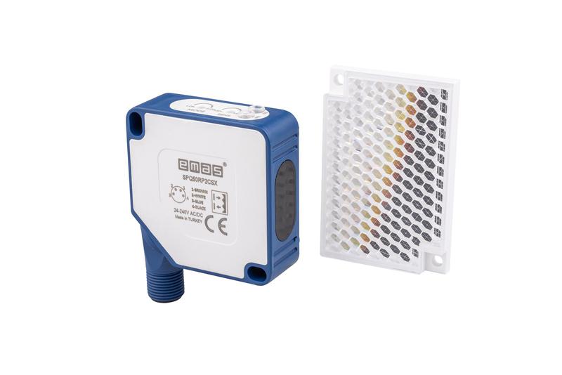 Датчик фотоэлектрический (релейный выход) разъем M12х4 (расст. сраб. 7м светоотражение max 20мс) 24-240В AC/DC IP65 EMAS SPQ50RP2CSX