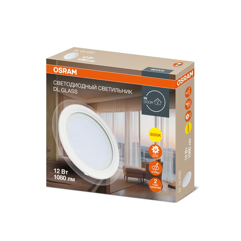 Светильник светодиодный Downlight DL GLASS 830 WT 12Вт 3000К IP20 1080лм ДВО даунлайт кругл. встраив. с декор. стеклом бел. OSRAM 4607194230723