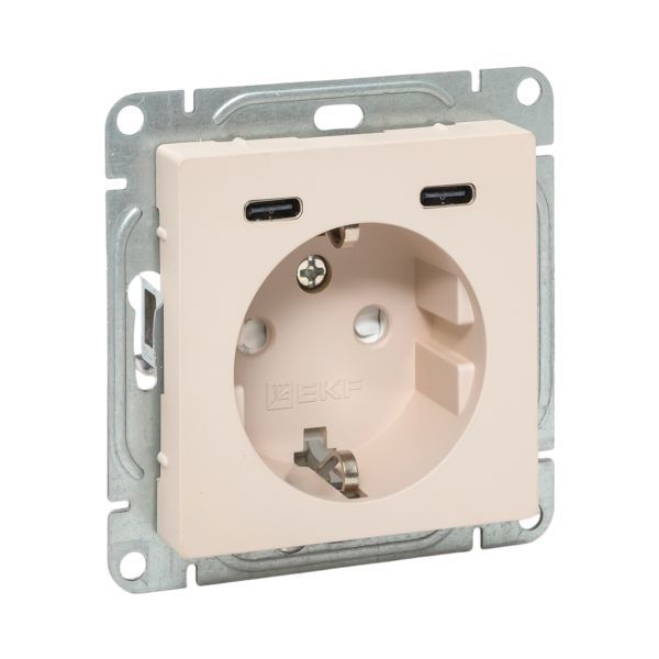 Розетка СП Эпика 16А с 2 USB-C с заземл. защ. шторки механизм крем. EKF UP1-SOI-111-2USBC