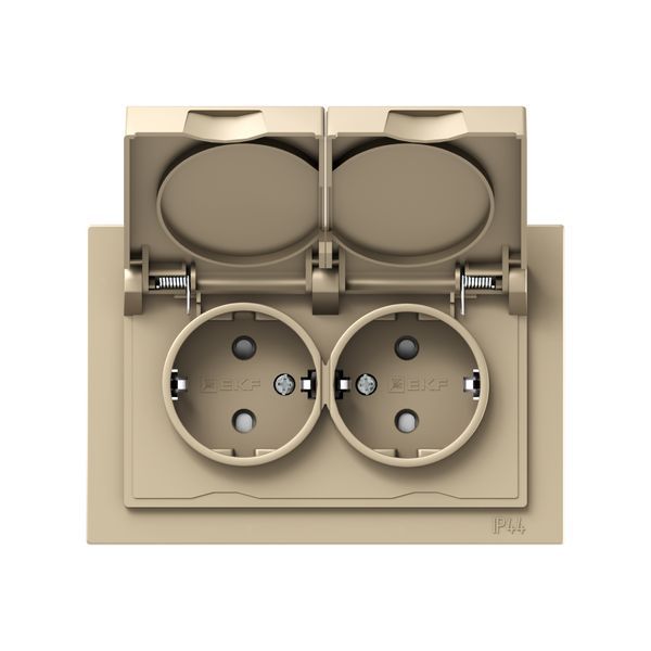 Розетка 2-м СП Эпика 16А IP44 с заземл. защ. шторки с рамкой с крышками механизм шампань EKF UP1-SOC-211-44