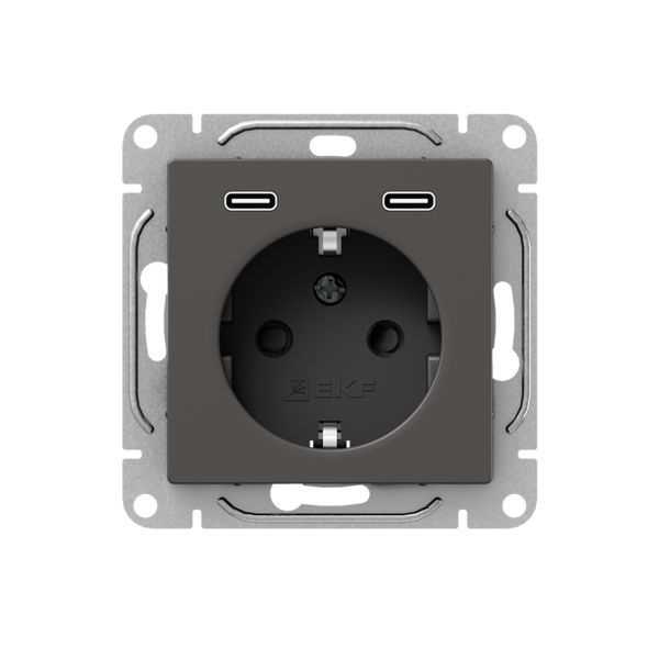 Розетка СП Эпика 16А с 2 USB-C с заземл. защ. шторки механизм мокко EKF UP1-SOM-111-2USBC