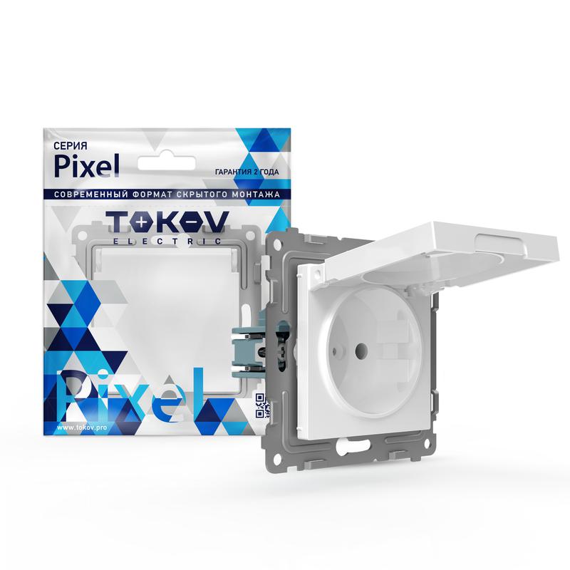 Розетка 1-м СП Pixel IP44 с заземл. с крышкой механизм бел. TOKOV ELECTRIC TKE-PX-R1ZSW1-C01-IP44