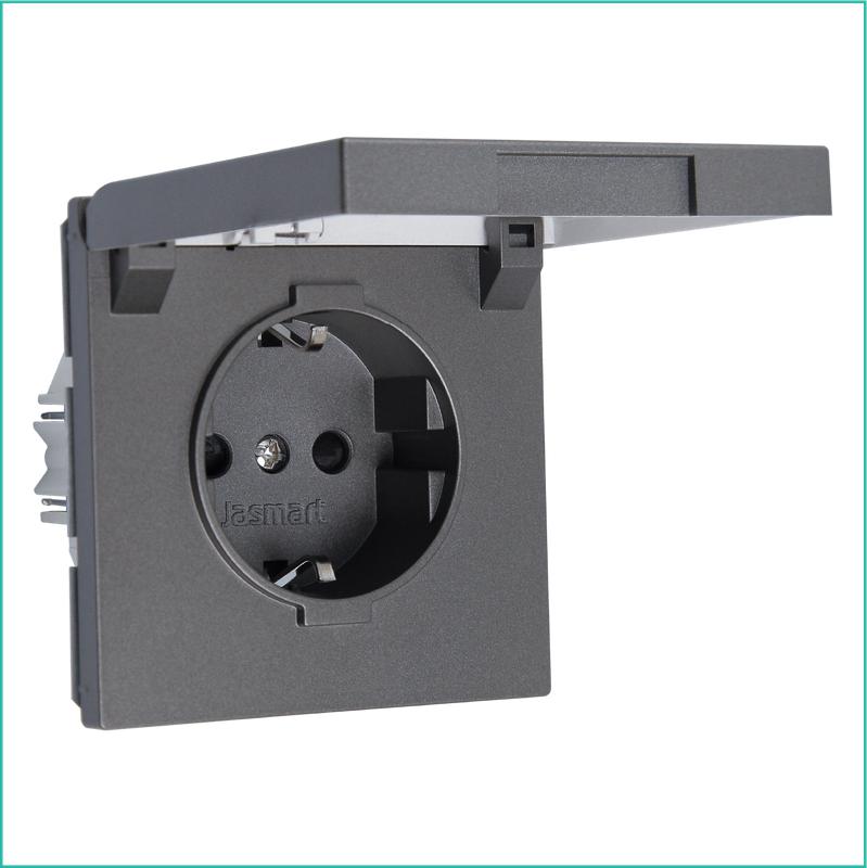 Розетка 1-м СП FD Shuko 16А IP20 с заземл. защ. шторки с крышкой механизм никель Jasmart FD5505NI