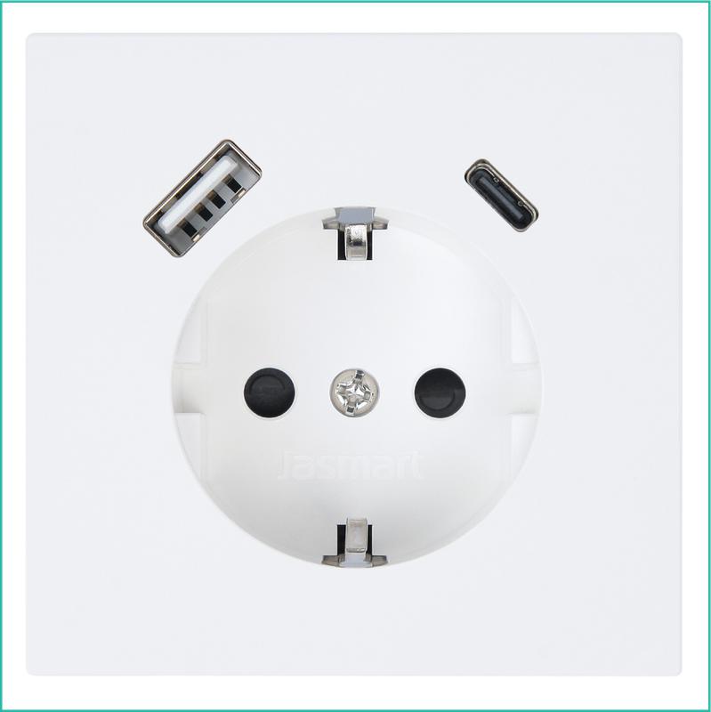 Розетка СП FD Shuko 16А с заземл. защ. шторки с 2-мя заряд. устр. USB тип A+C 25Вт механизм бел. матов. soft touch Jasmart FD5501USB-25PWM