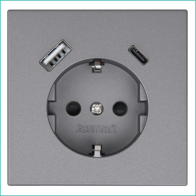 Розетка СП FD Shuko 16А с заземл. защ. шторки с 2-мя заряд. устр. USB тип A+C 25Вт механизм никель Jasmart FD5501USB-25NI