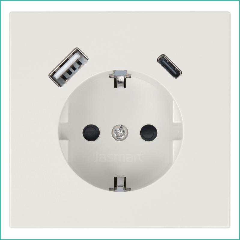 Розетка СП FD Shuko 16А с заземл. защ. шторки с 2-мя заряд. устр. USB тип A+C 25Вт механизм сахара Jasmart FD5501USB-25SH