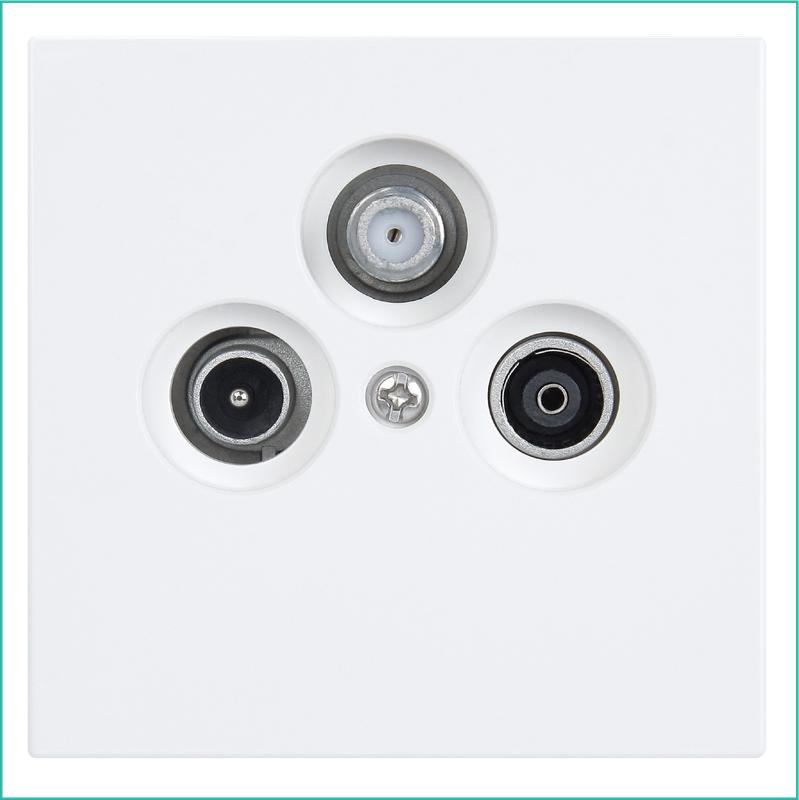 Розетка телевизионная проходная TV + FM + SAT 3-м СП FD Ф9.5мм с накладкой механизм бел. глянцевый Jasmart FD6207W