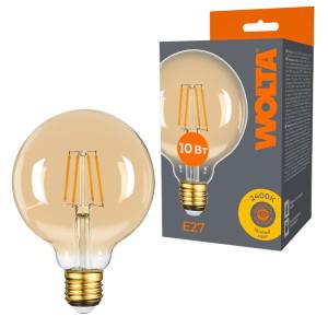 Лампа светодиодная Filament G95 10Вт шар золотая 2400К E27 800лм 1/10/20 WOLTA WF-G95-10W2.4KE27