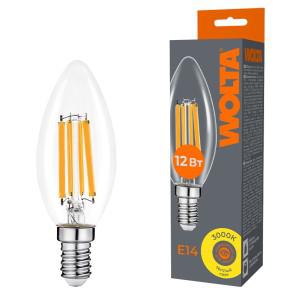 Лампа светодиодная Filament C35 12Вт свеча прозрачная 3000К E14 1050лм WOLTA WF-C35-12W3KE14