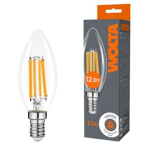 Лампа светодиодная Filament C35 12Вт свеча прозрачная 4000К E14 1050лм WOLTA WF-C35-12W4KE14