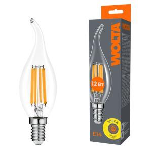Лампа светодиодная Filament CT35 12Вт свеча на ветру прозрачная 3000К E14 1050лм WOLTA WF-CT35-12W3KE14