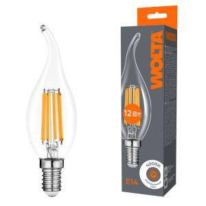 Лампа светодиодная Filament CT35 12Вт свеча на ветру прозрачная 4000К E14 1050лм WOLTA WF-CT35-12W4KE14