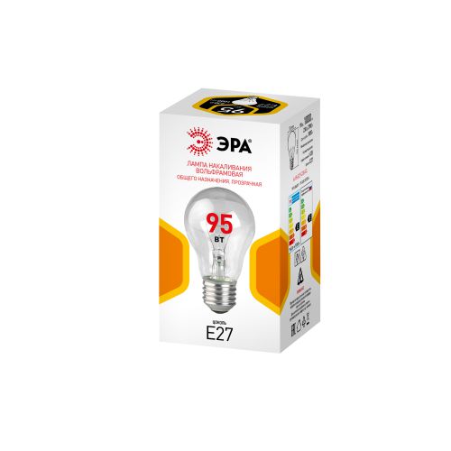 Лампа накаливания A-95-E27-230-CL 95Вт грушевидная прозрачная E27 230В (цветн. коробка) Эра Б0071112