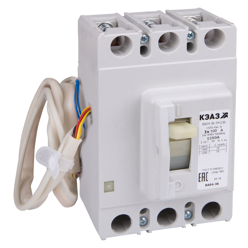 Выключатель автоматический 3п 100А 1250Im 20кА ВА04-36-341216 УХЛ3 690В AC НР=220..240В AC/220В DC КЭАЗ 232869