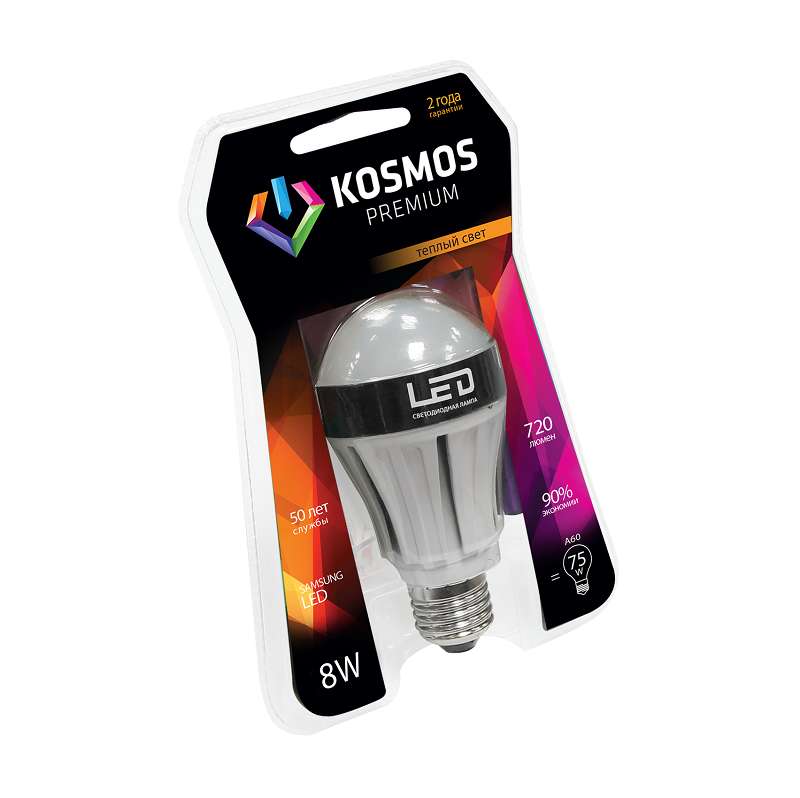 Лампа светодиодная KOSMOS premium A60 8Вт грушевидная 3000К E27 230В КОСМОС KLED8wA60230vE2727