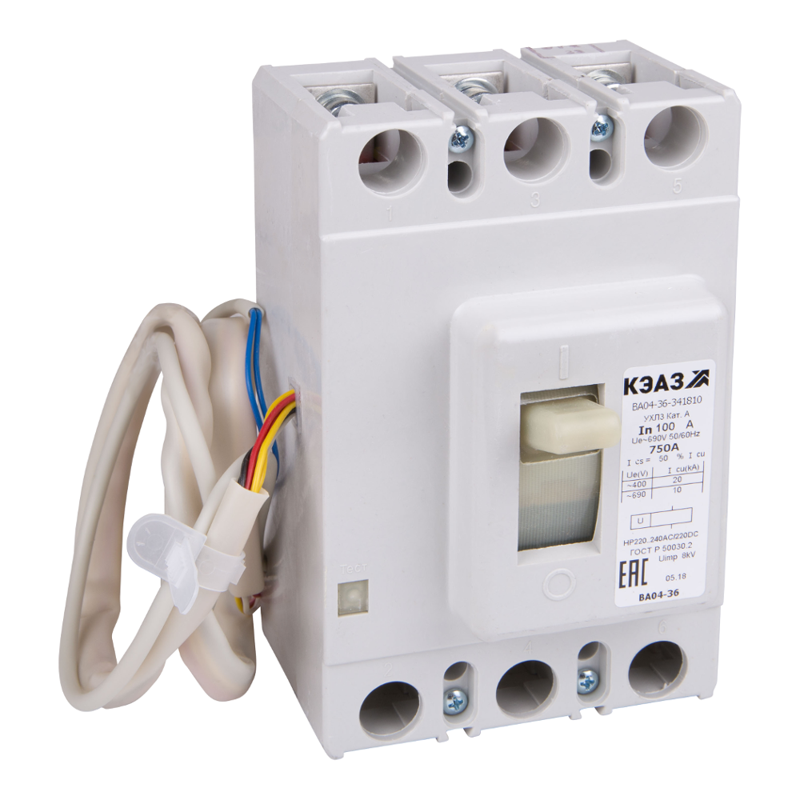 Выключатель автоматический 3п 100А 750Im 20кА ВА04-36-341810 УХЛ3 РЕГ 690В AC НР=220..240В AC/220В DC КЭАЗ 245982