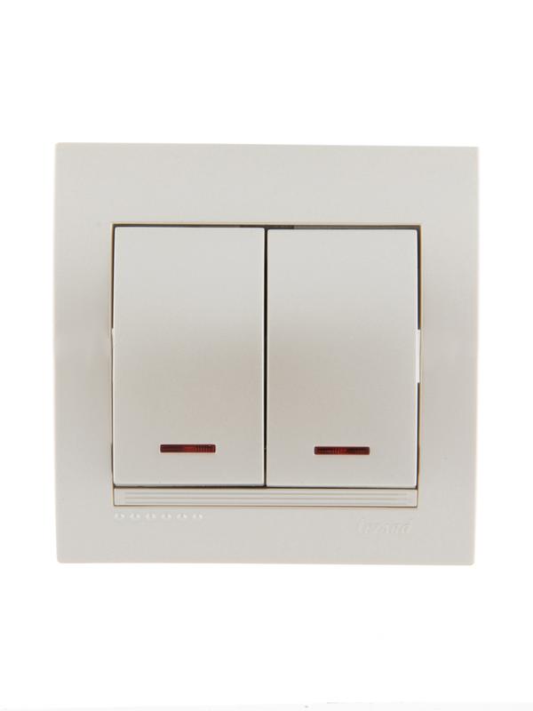 Выключатель 2-кл. СП Deriy 10А с подсветкой жемчуж./бел. метал. LEZARD 702-3030-112