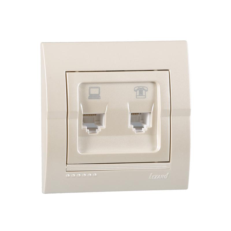 Розетка компьютерная + телефонная 2-м СП Deriy RJ45 + RJ11 IP20 жемчуж./бел. метал. LEZARD 702-3030-143