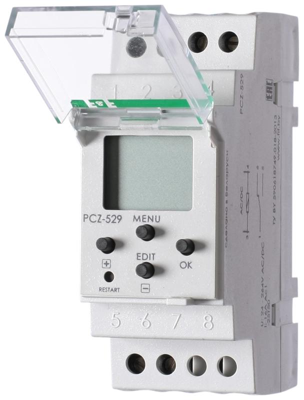 Реле времени PCZ-529 16А 24-264В AC/DC 1 перекл. IP20 годовое 1 канал-100 пар включ./выключ. монтаж на DIN-рейке F&F EA02.002.007