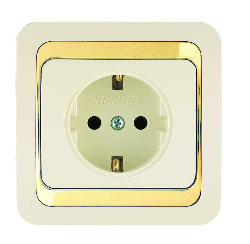 Розетка 1-м СП Mimoza 16А IP20 с заземл. крем./зол. Makel 12628