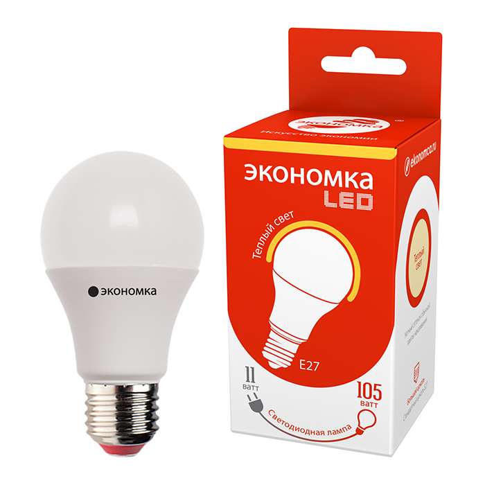 Лампа светодиодная А60 11Вт грушевидная 3000К тепл. бел. E27 850лм 220-240В ЭКОНОМКА Eco_LED11wA60E2730