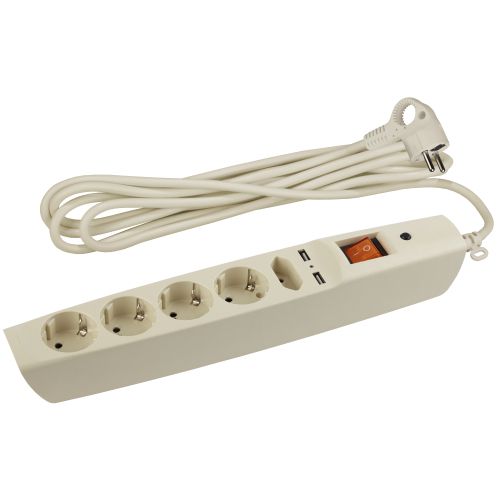 Удлинитель с сетевым фильтром 5х2м с заземл. 10А IP20 U-5es-2m-I 2хUSB ПВС 3х0.75 с выкл. защ. шторки сл. кость Эра C0043328