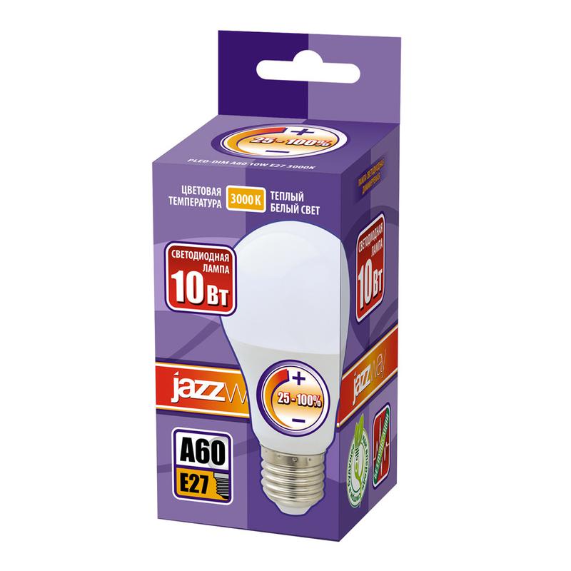 Лампа светодиодная PLED-DIM 10Вт A60 грушевидная 3000К тепл. бел. E27 820лм 220-240В диммир. JazzWay 1028839