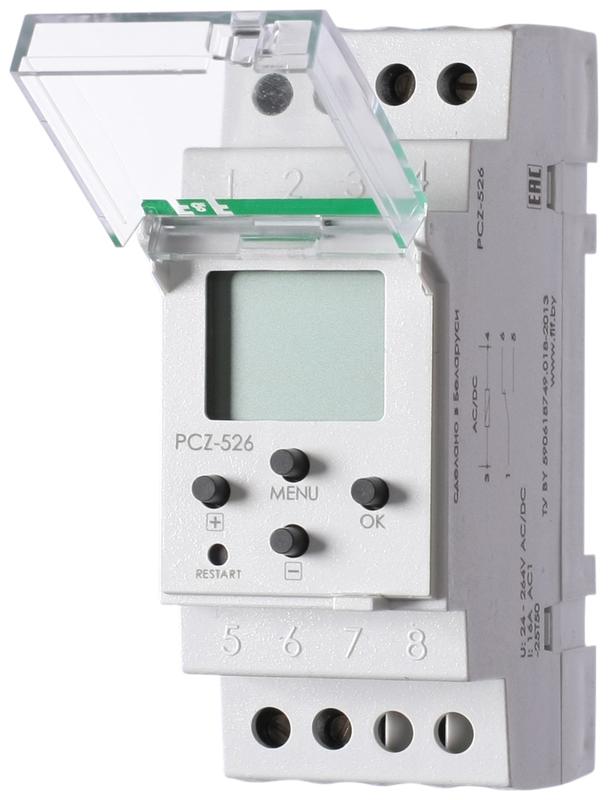 Реле времени астрономическое PCZ-526 16А 24-264В AC/DC 1п IP20 1 канал коррекция вр. включ./выключ. ночной перерыв годов. программа монтаж на DIN-рейке F&F EA02.002.009