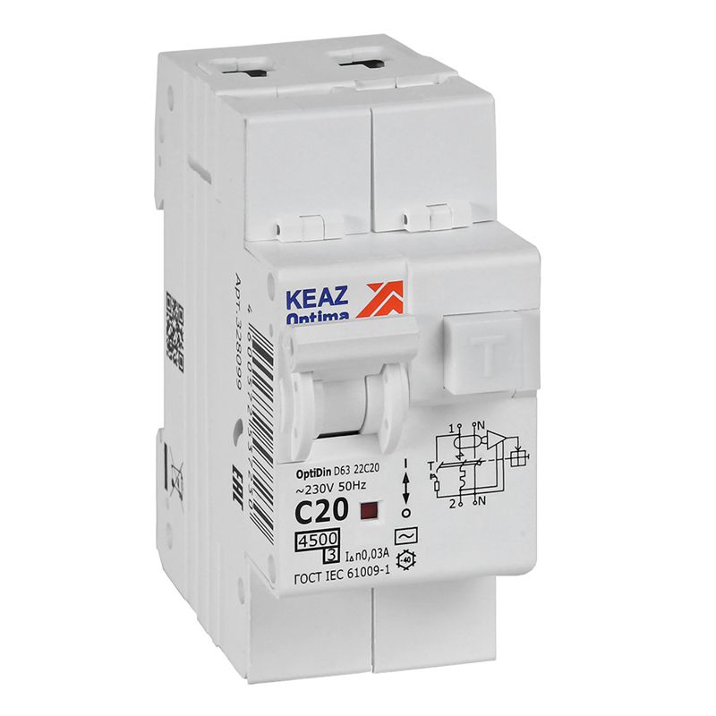 Выключатель автоматический дифференциального тока 2п OptiDin D63-22C20-AC-У3 C20 30мА 4.5кА с защитой от сверхтоков КЭАЗ 328099