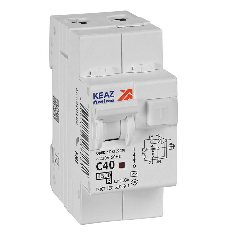 Выключатель автоматический дифференциального тока 2п C 40А 30мА тип AC 4.5кА OptiDin D63-22C40-AC-У3 с защитой от сверхтоков КЭАЗ 328102