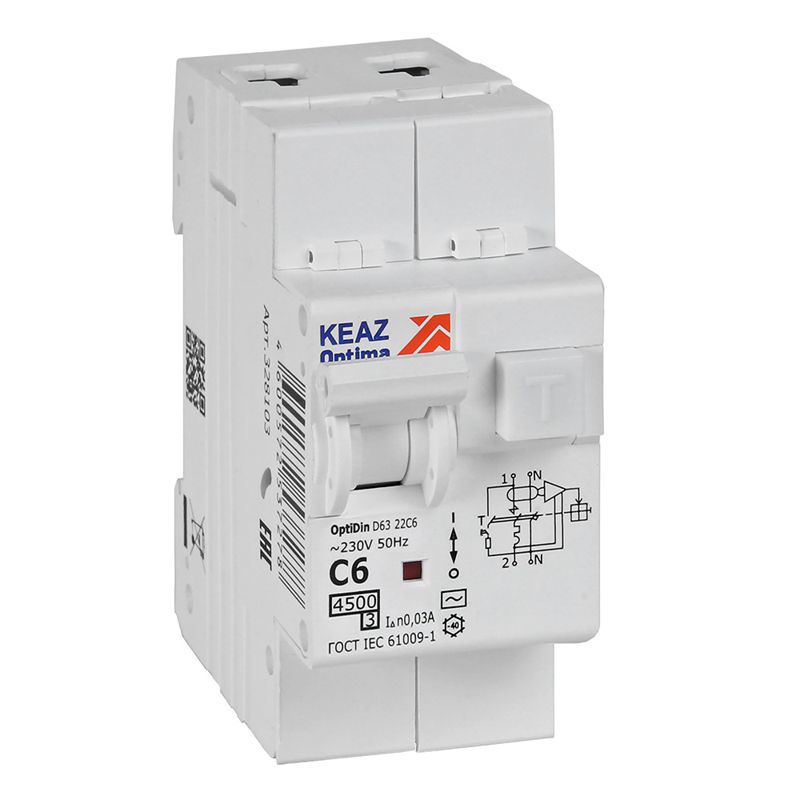 Выключатель автоматический дифференциального тока 2п OptiDin D63-22C6-AC-У3 C6 30мА 4.5кА с защитой от сверхтоков КЭАЗ 328103