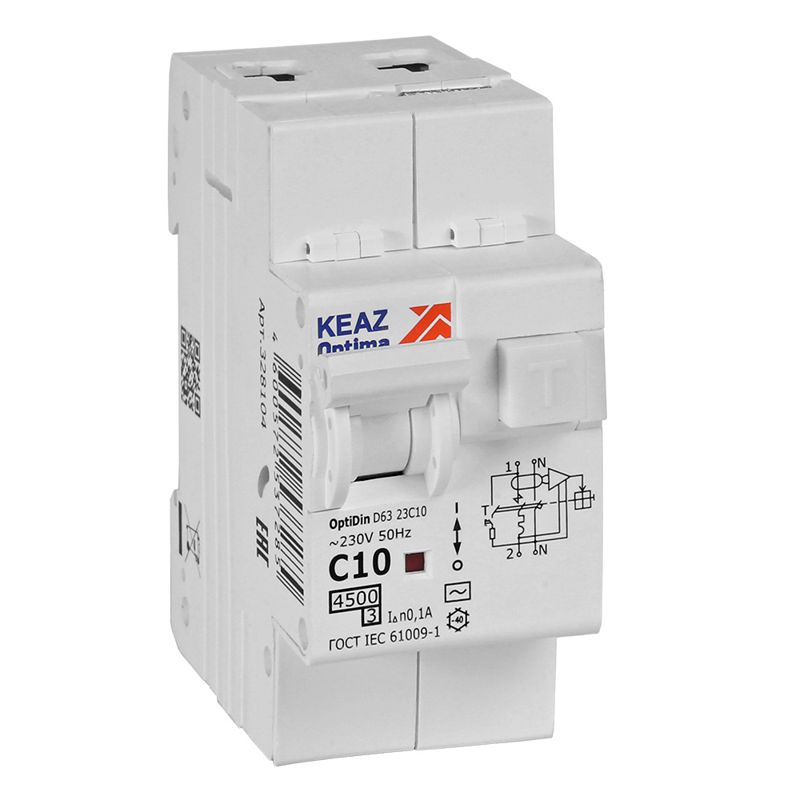 Выключатель автоматический дифференциального тока 2п OptiDin D63-23C10-AC-У3 C10 100мА 4.5кА с защитой от сверхтоков КЭАЗ 328104