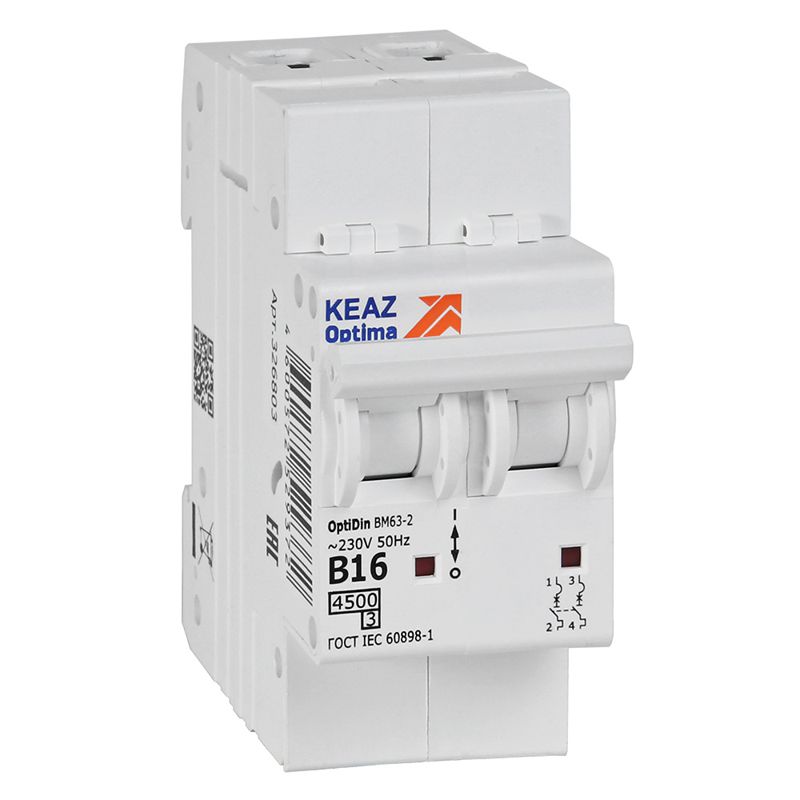 Выключатель автоматический модульный 2п B 16А 4.5кА OptiDin BM63-2B16-4.5-УХЛ3 КЭАЗ 329510