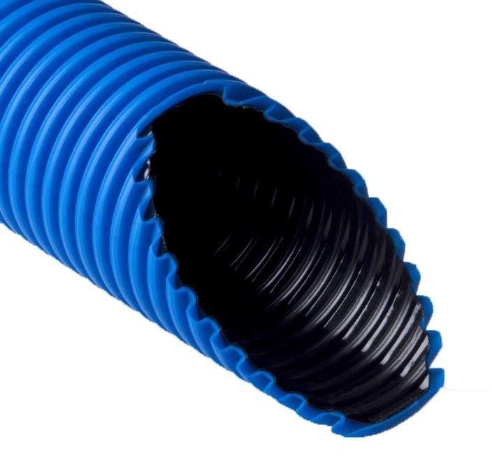 Труба гофрированная двустенная ПНД/ПВД d50/39.5мм с протяжкой с муфтой и 2 уплотн. кольцами син. (уп.100м) Ruvinil Т2-КЛ0-050С