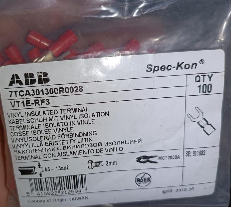 Наконечник вилочный медный виниловая изоляция VT1E-RF3 красн. (уп.100шт) ABB 7TCA301300R0028
