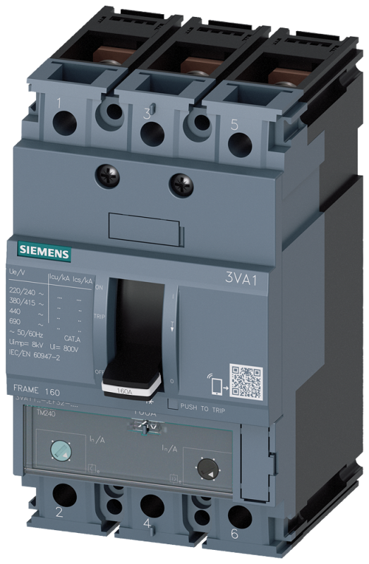 Выключатель 3п 80А N 25кА 415В 3VA1 IEC типоразмер 160TM240 ATAM IR=56А-80А КЗ II=5...10 X IN шин. присоед. в литом корпусе Siemens 3VA11803EF320AA0