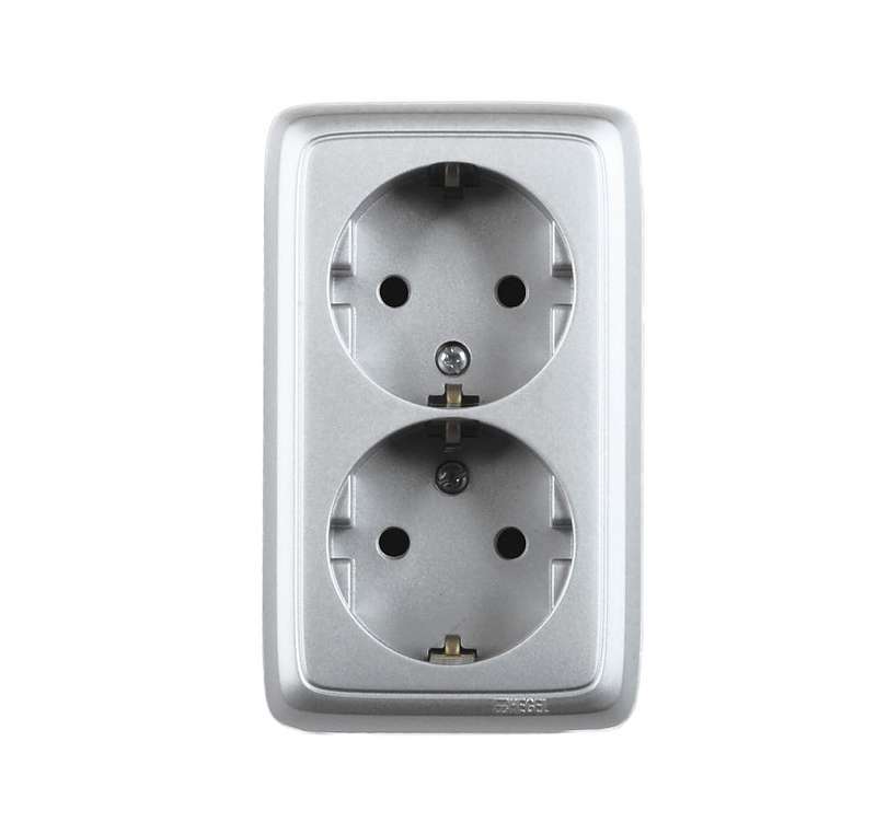 Розетка 2-м ОП Альфа 16А IP20 250В с заземл. с изолир. пластиной серебр. HEGEL РА16-153-06