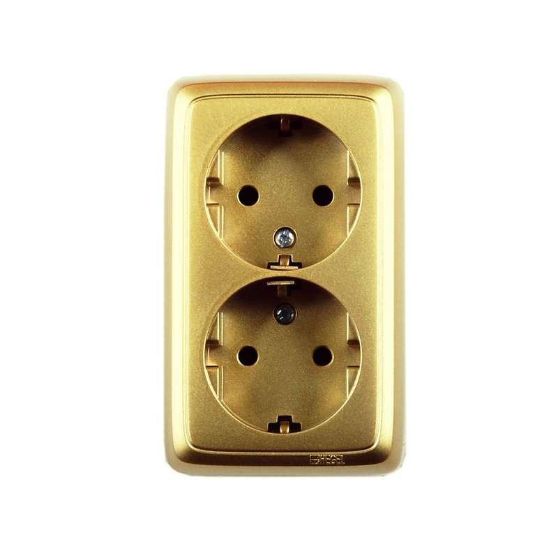 Розетка 2-м ОП Альфа 16А IP20 250В с заземл. с изолир. пластиной зол. HEGEL РА16-153-07