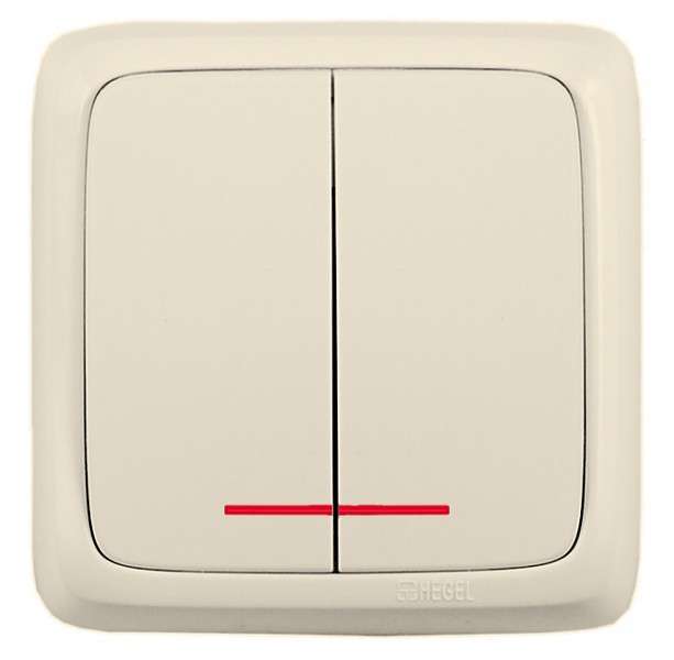 Выключатель 2-кл. ОП Альфа 16А IP20 250В с индикацией с изолир. пластиной сл. кость HEGEL ВА16-154-01