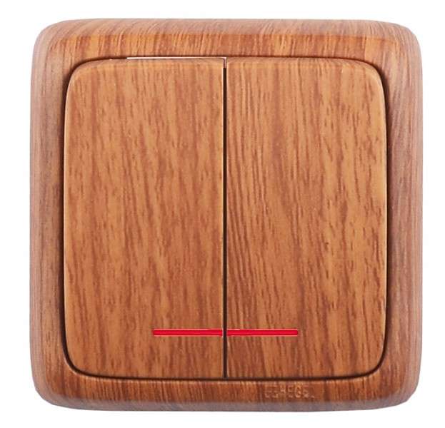 Выключатель 2-кл. ОП Альфа 16А IP20 с индикацией с изолир. пластиной дуб HEGEL ВА16-154-05