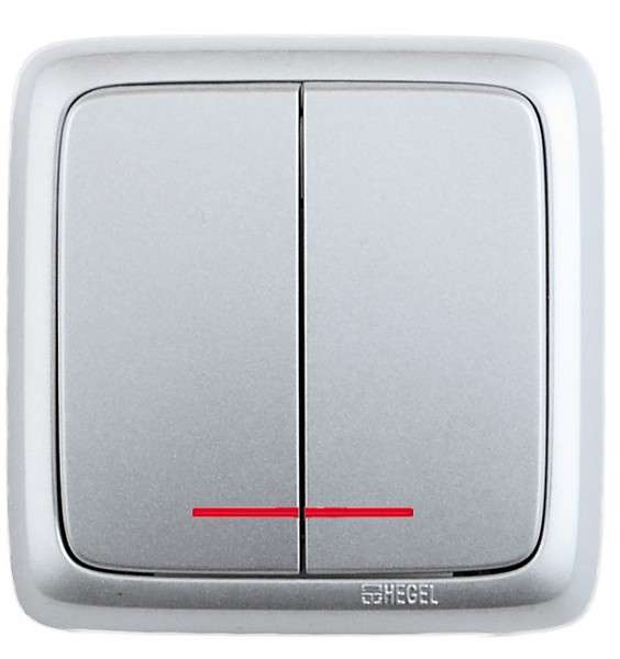 Выключатель 2-кл. ОП Альфа 16А IP20 250В с индикацией с изолир. пластиной серебр. HEGEL ВА16-154-06