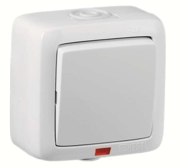 Переключатель 1-кл. ОП Альфа 16А IP44 250В с индикацией бел. HEGEL ВА16-262