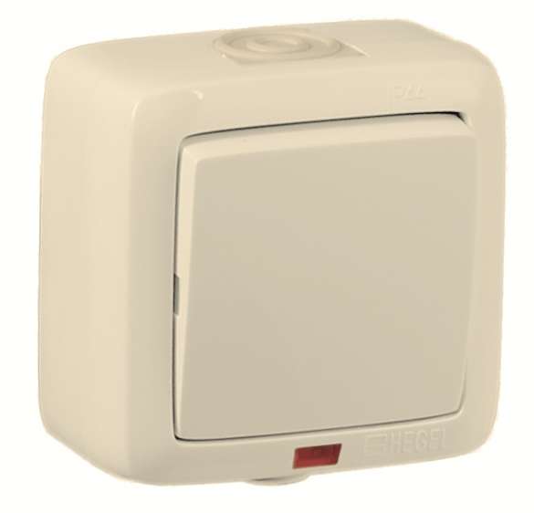 Переключатель 1-кл. ОП Альфа 10А IP44 250В с индикацией сл. кость HEGEL ВА10-262-01