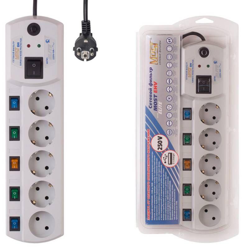 Удлинитель с сетевым фильтром 5х5м с заземл. 10А IP20 CCA 3х0.75 термозащита Most 846802