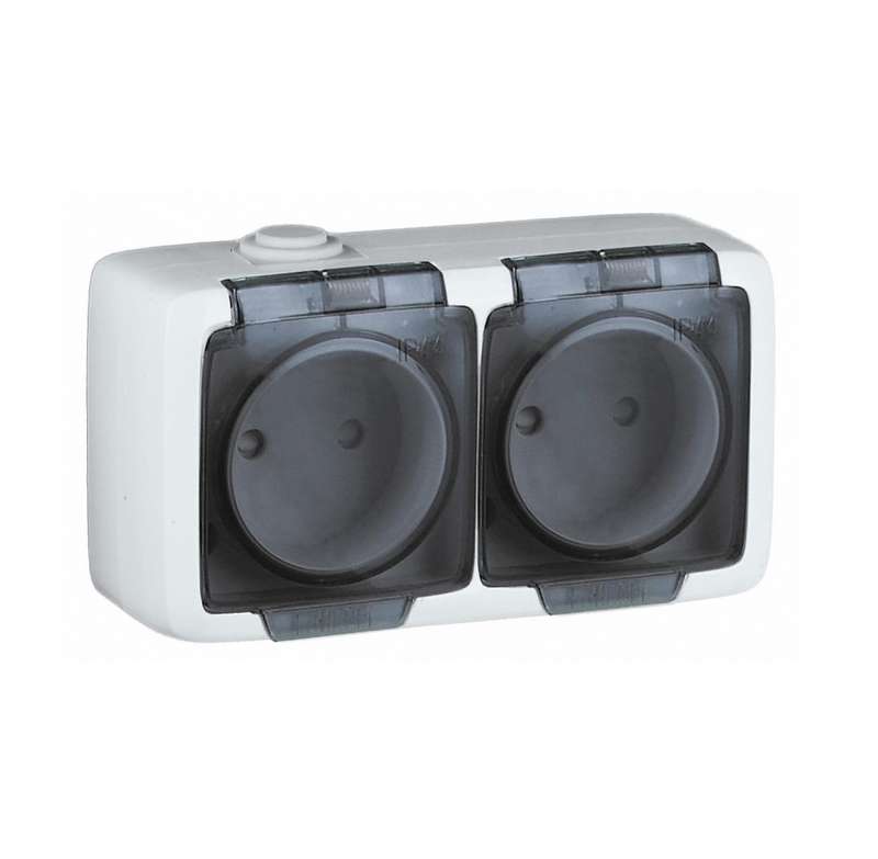 Розетка 2-м ОП Альфа 16А IP44 250В без заземл. защ. шторки с крышкой бел. HEGEL РА16-242